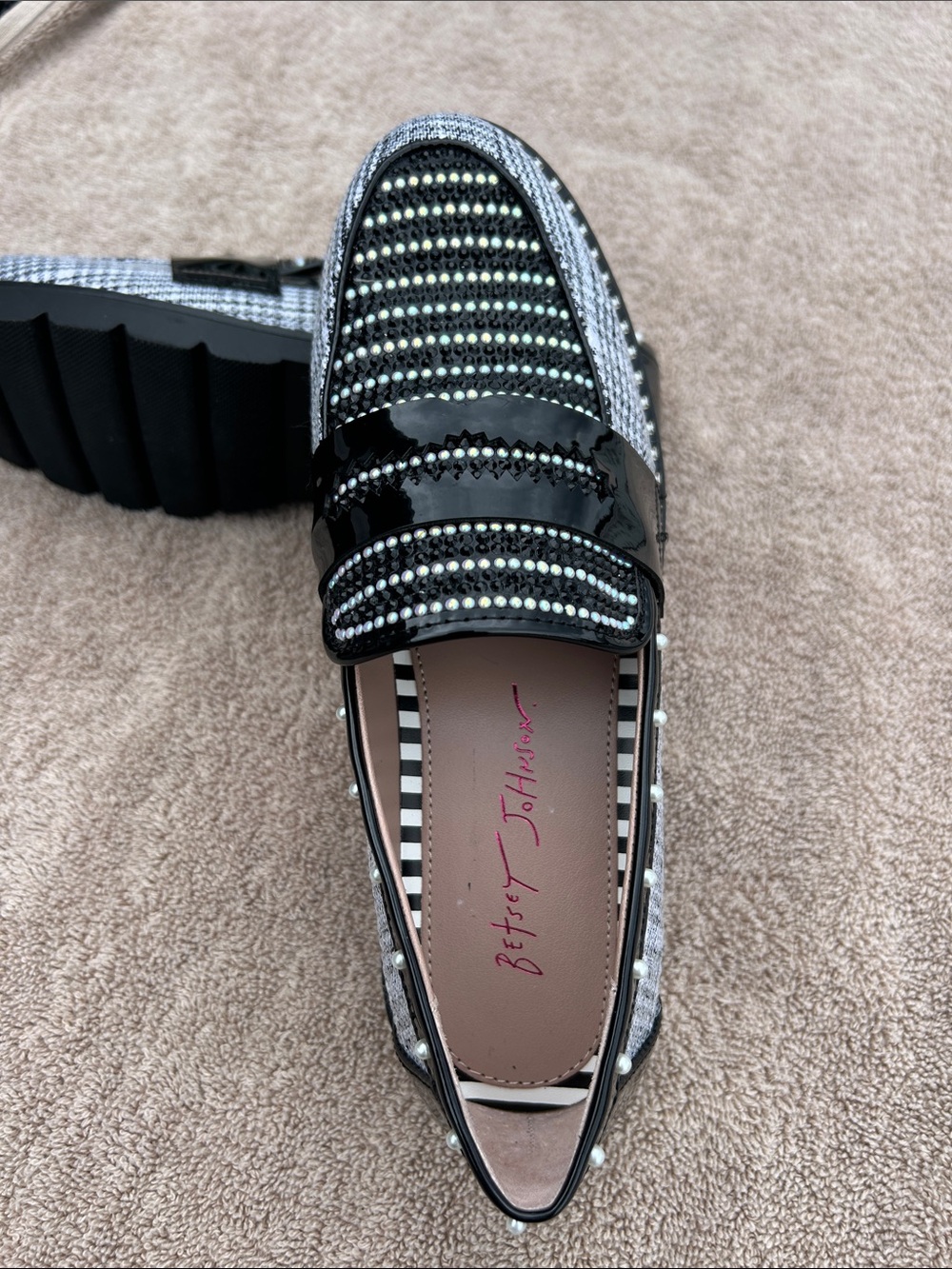 Betsey Johnson Glen Plaid Patent Rhinestone Pearl Embellished Loafers Black - Picture 6 of 10